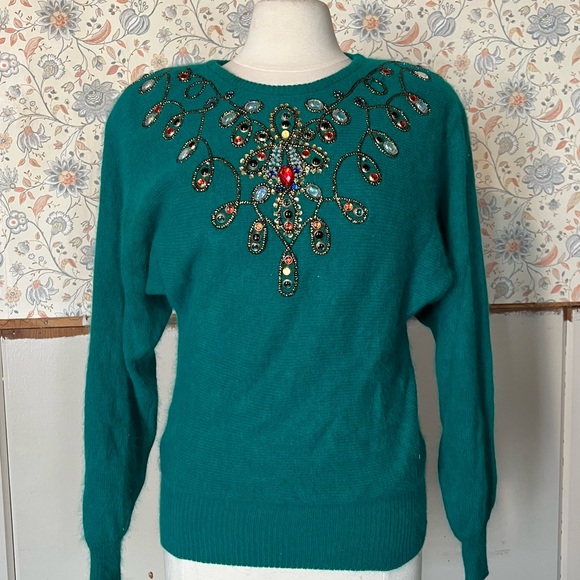 Christine Phillipe Sweaters - Embellished 1980s Teal Lambswool Sweater